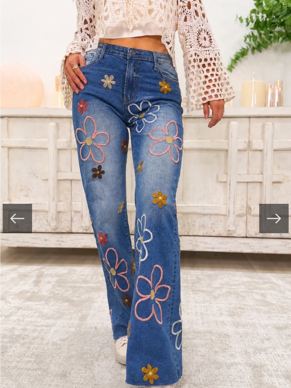 Blue Floral Embroidered Flare Jeans - Women's Wide Leg